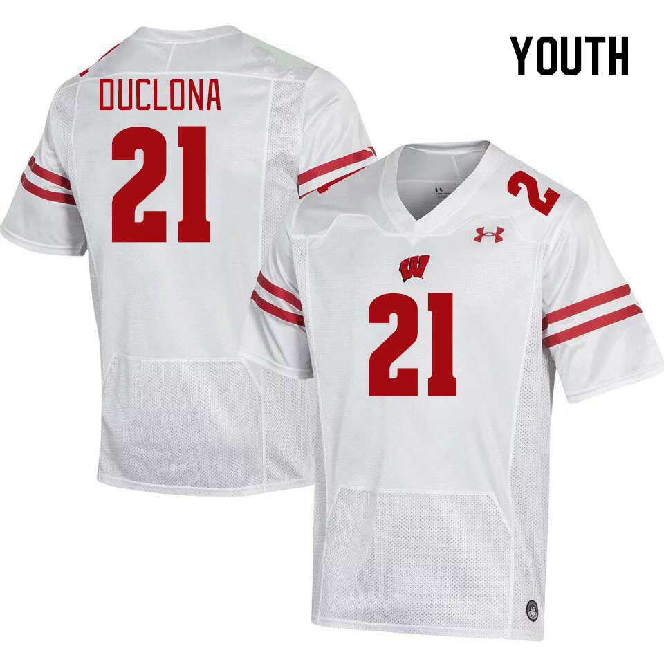 Youth #21 Jonas Duclona Winsconsin Badgers College Football Jerseys Stitched Sale-White